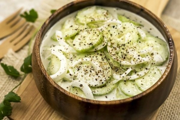 Creamy cucumber salad recipe.  Use Armenian Cucumbers in this recipe for a tastier alternative.
